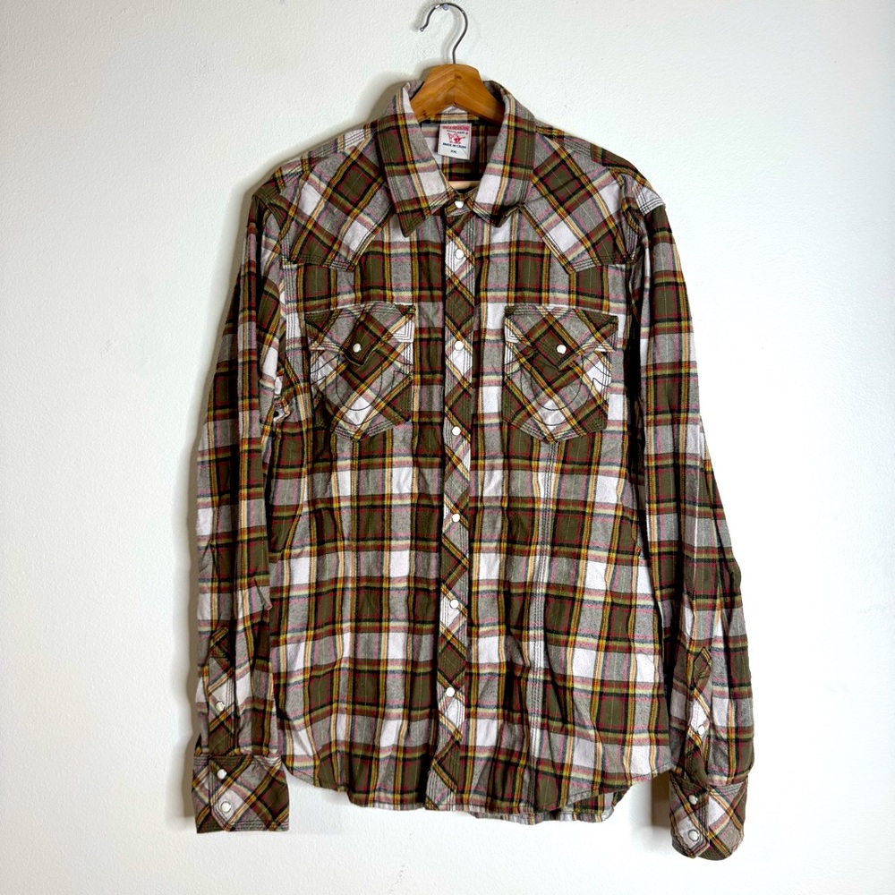 Vtg True Religion Shirt Mens XXL Plaid Snap Y2K Grunge Western Rodeo Flannel